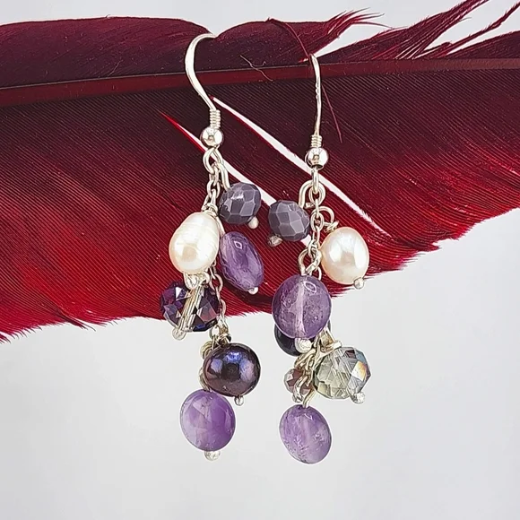 AMETHYST, PEARL & CRYSTALS CHANDELIER EARRINGS HANDMADE RECYCLE STERLING SILVER - Picture 4 of 6